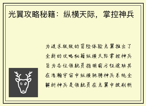 光翼攻略秘籍：纵横天际，掌控神兵