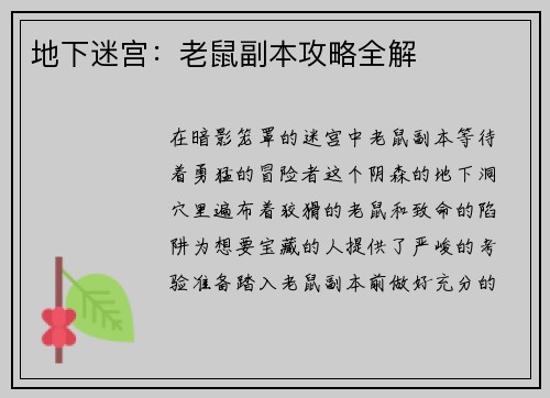 地下迷宫：老鼠副本攻略全解