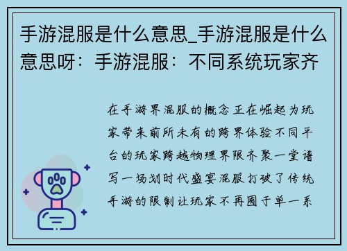 手游混服是什么意思_手游混服是什么意思呀：手游混服：不同系统玩家齐聚一堂的跨界盛宴