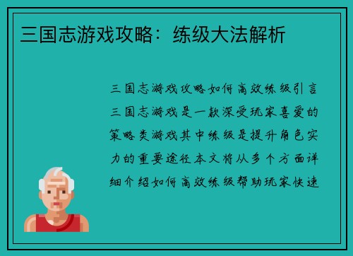 三国志游戏攻略：练级大法解析